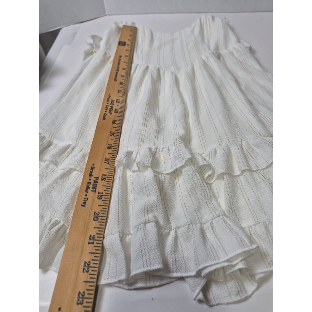 White Gold Pinstripe Ruffle Mini Dress Corset Lace Up Back Tie Strap Womens S - Picture 7 of 16